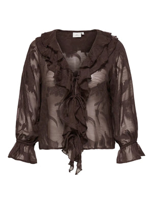 CARELENI L/S JACQUARD TIE FRILL TOP WVN