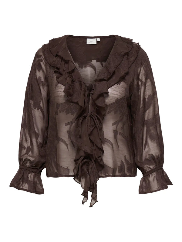 CARELENI L/S JACQUARD TIE FRILL TOP WVN