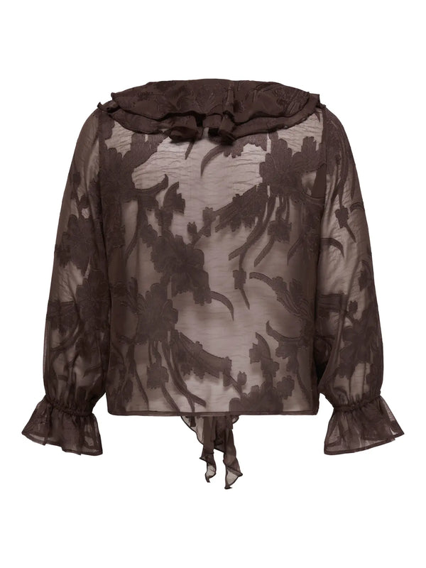 CARELENI L/S JACQUARD TIE FRILL TOP WVN